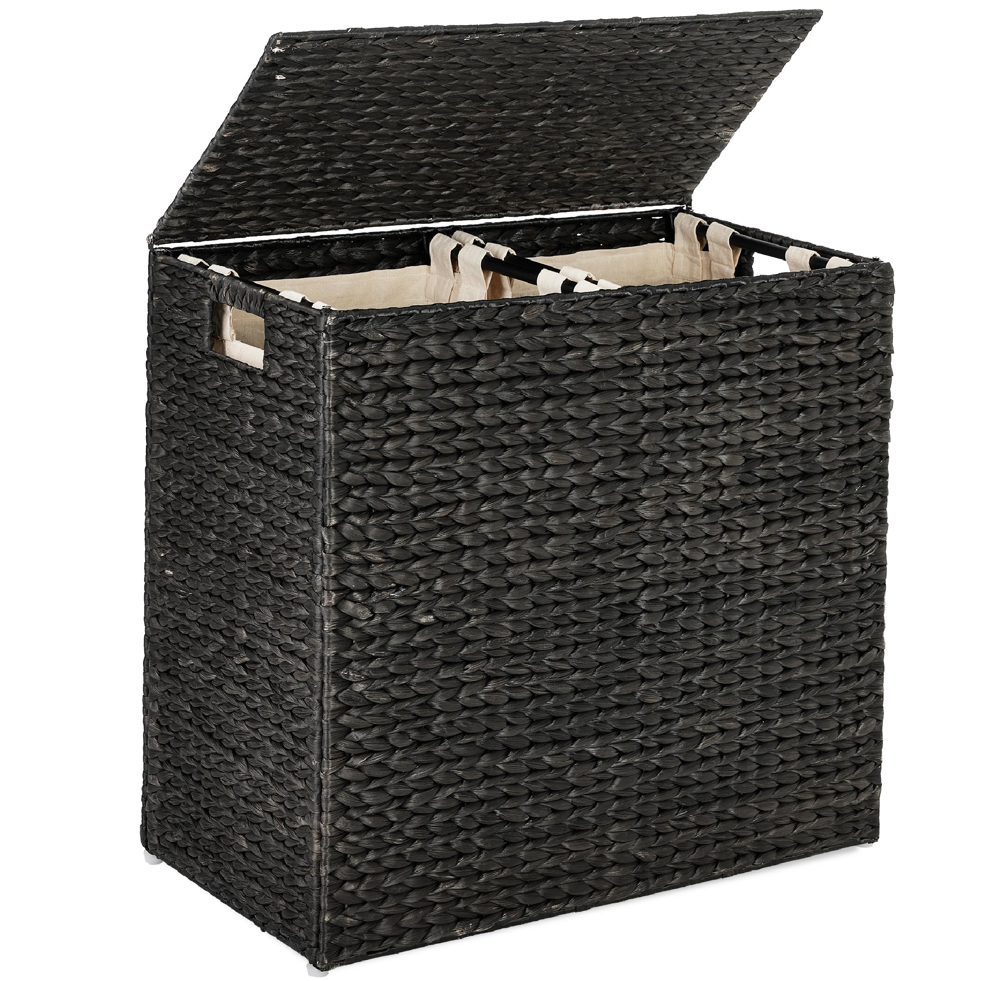 Large Water Hyacinth Double Laundry Hamper Basket w/ 2 Liner Bags - Black