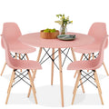 5-Piece Mid-Century Modern Dining Set w/ 4 Chairs, Wooden Legs, Metal Frame - Pink/Oak