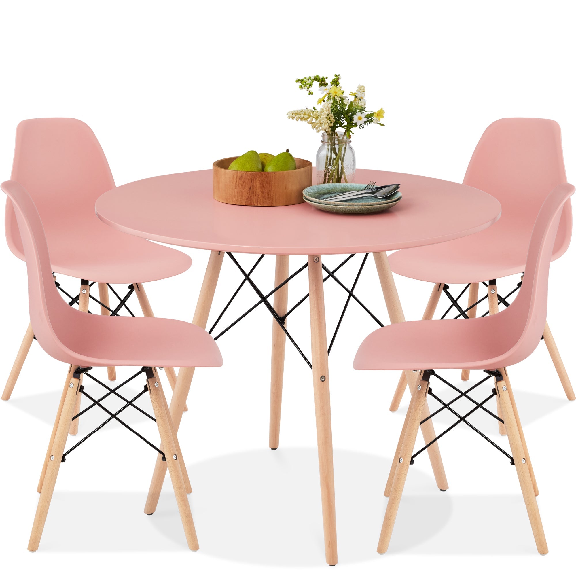 5-Piece Mid-Century Modern Dining Set w/ 4 Chairs, Wooden Legs, Metal Frame - Pink/Oak