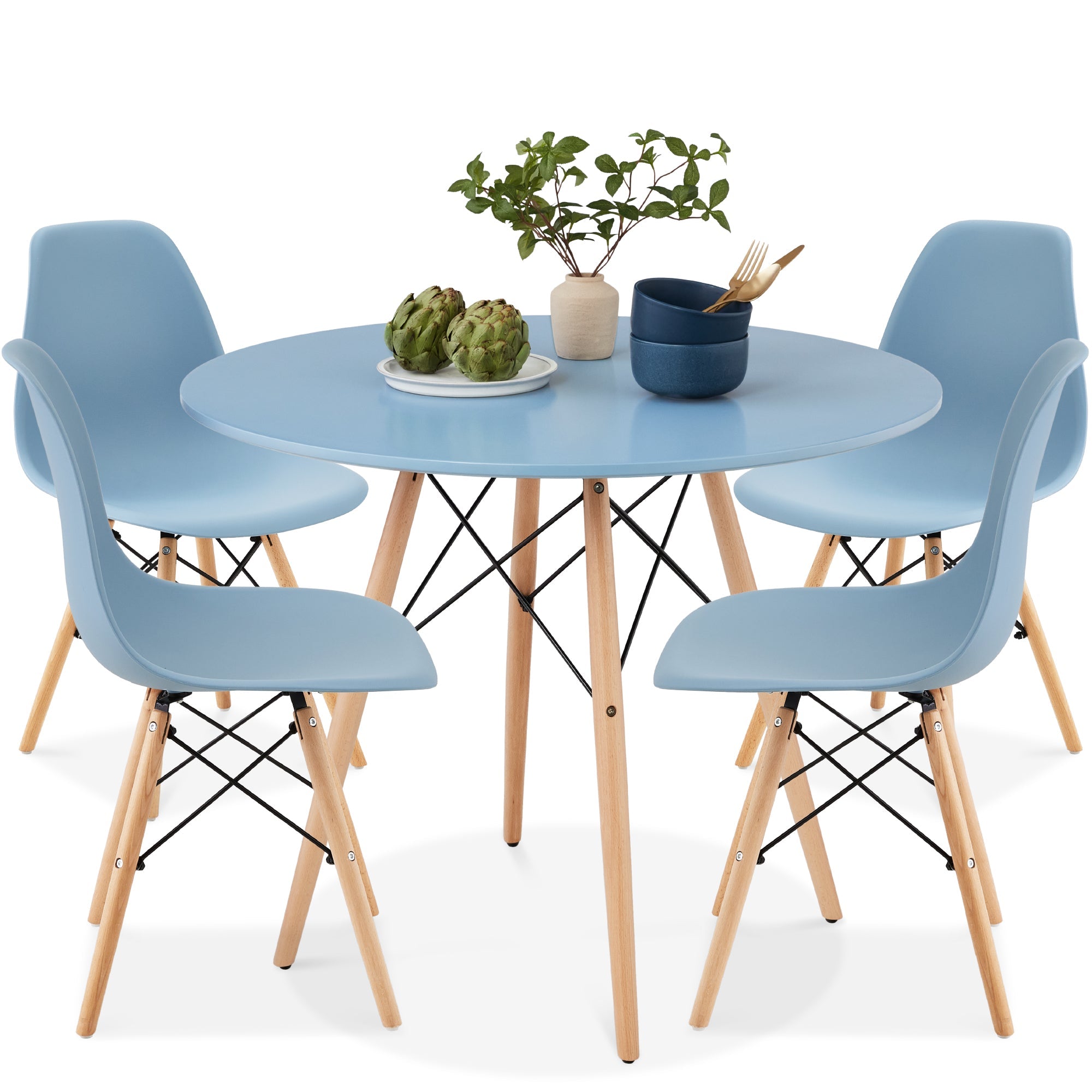 5-Piece Mid-Century Modern Dining Set w/ 4 Chairs, Wooden Legs, Metal Frame - Blue/Oak