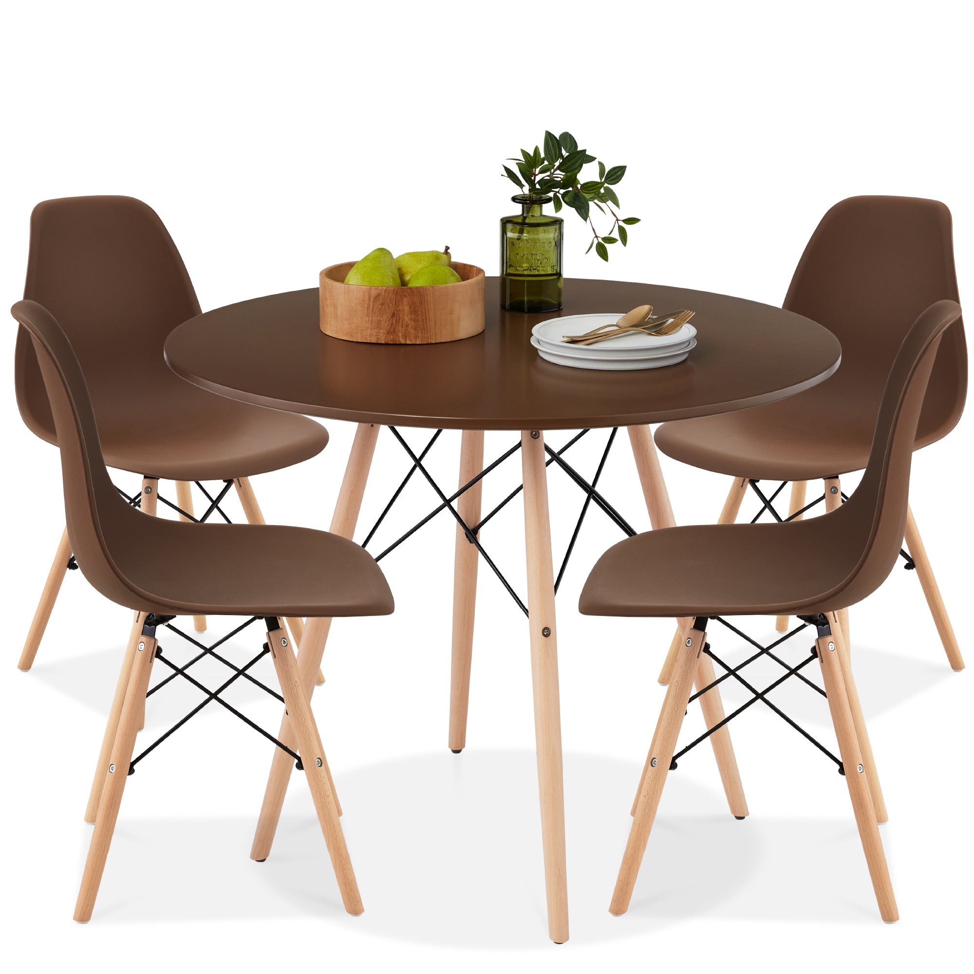 5-Piece Mid-Century Modern Dining Set w/ 4 Chairs, Wooden Legs, Metal Frame - Brown/Oak