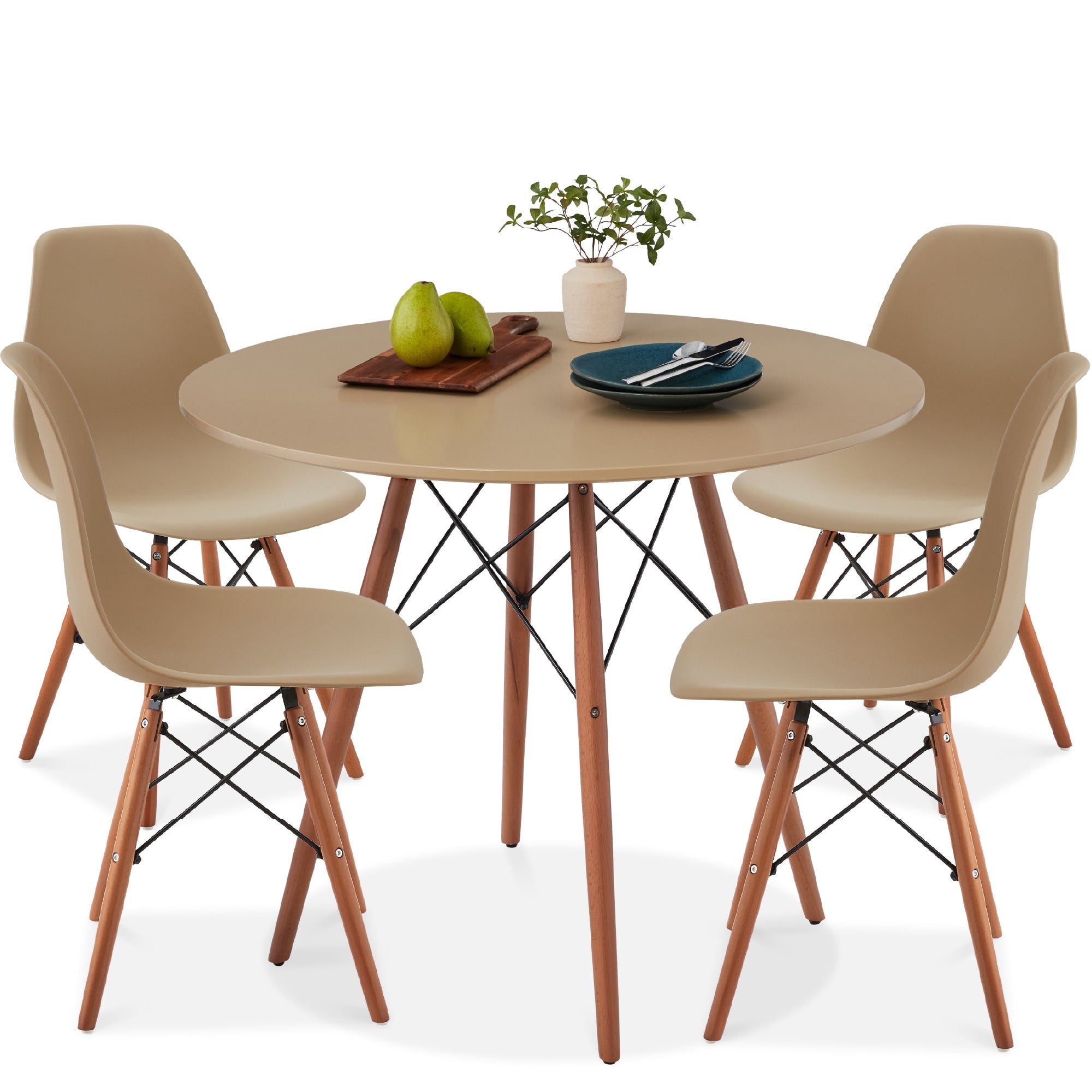 5-Piece Mid-Century Modern Dining Set w/ 4 Chairs, Wooden Legs, Metal Frame - Beige/Walnut