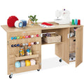 Large Portable Folding Sewing Table Multipurpose Craft Station w/ Wheels - Light Brown