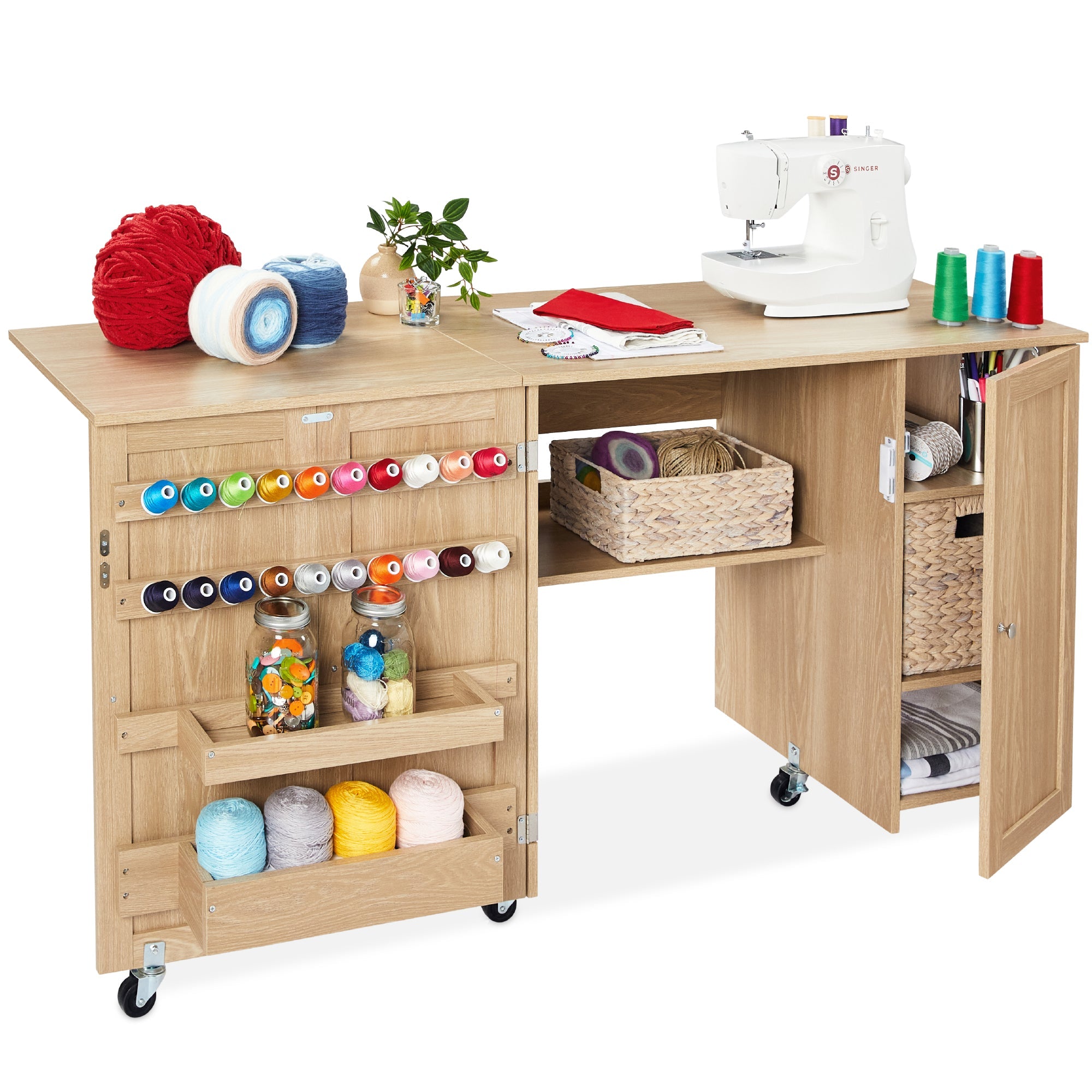 Large Portable Folding Sewing Table Multipurpose Craft Station w/ Wheels - Light Brown