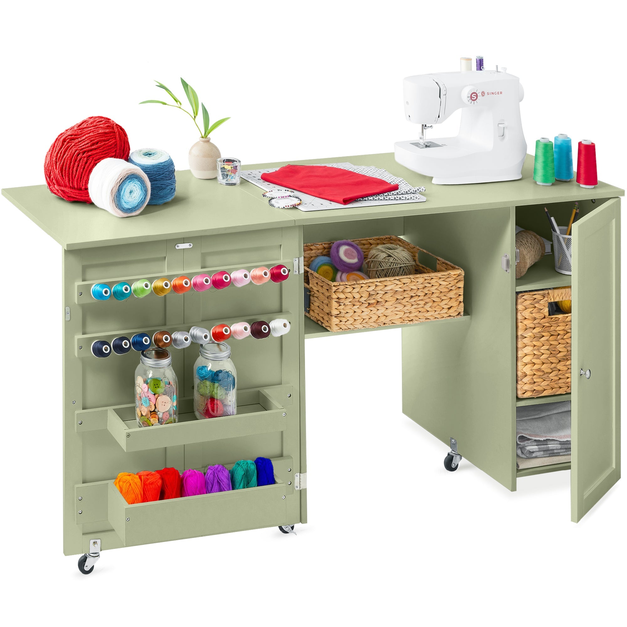 Large Portable Folding Sewing Table Multipurpose Craft Station w/ Wheels - Light Green