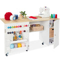 Large Portable Folding Sewing Table Multipurpose Craft Station w/ Wheels - Natural/White