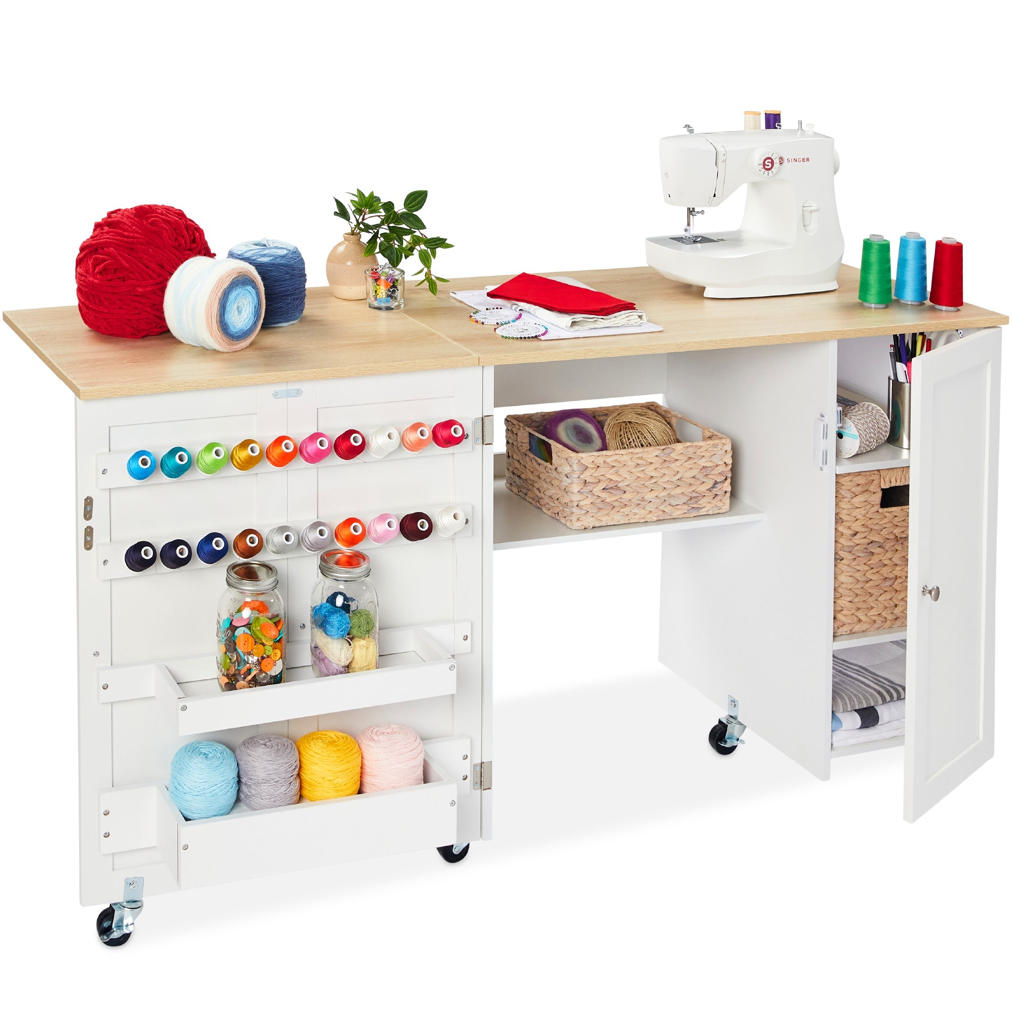 Large Portable Folding Sewing Table Multipurpose Craft Station w/ Wheels - Natural/White