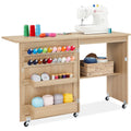 Folding Sewing Table Multipurpose Craft Station & Side Table w/ Wheels - Light Brown