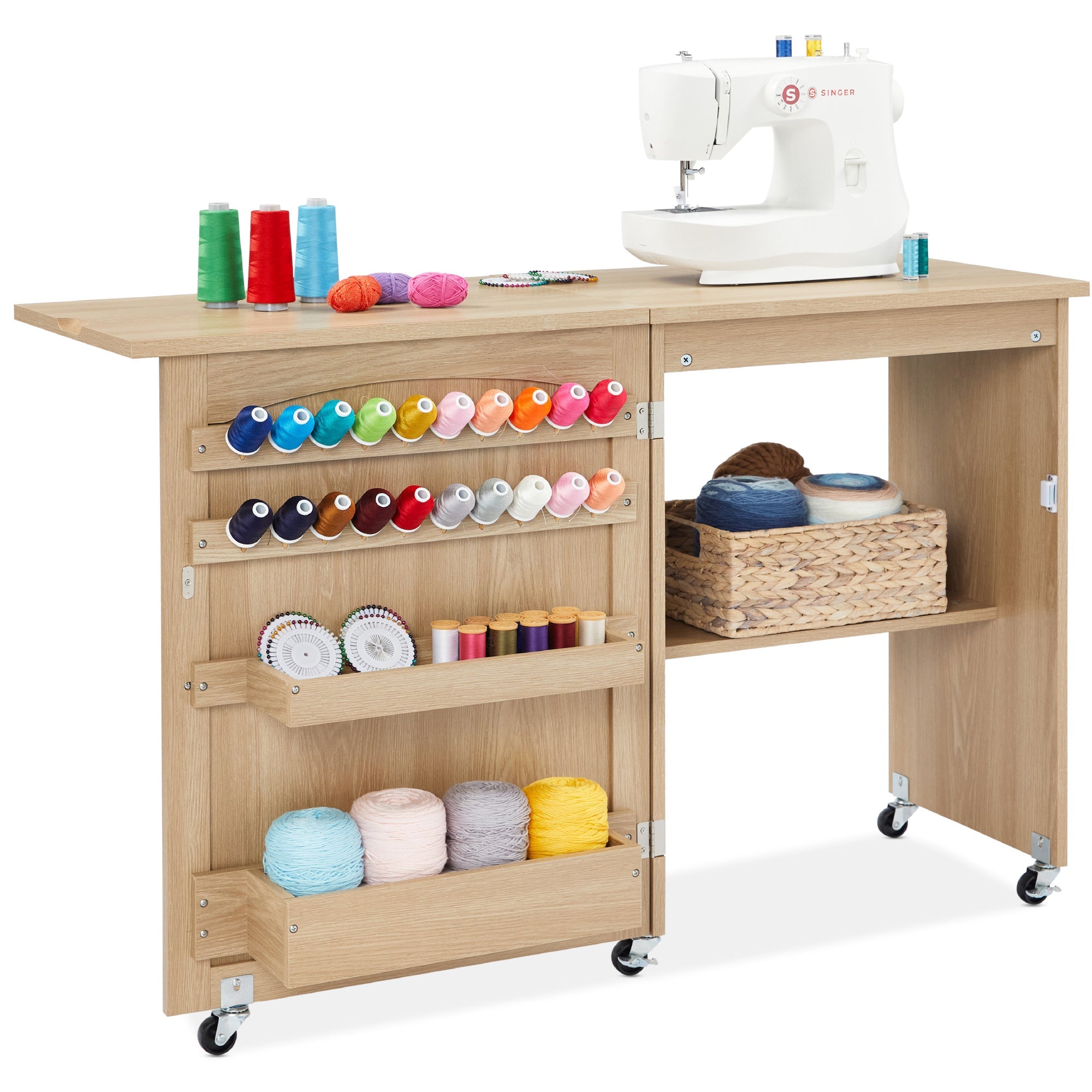 Folding Sewing Table Multipurpose Craft Station & Side Table w/ Wheels - Light Brown