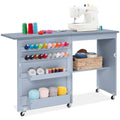 Folding Sewing Table Multipurpose Craft Station & Side Table w/ Wheels - Light Blue
