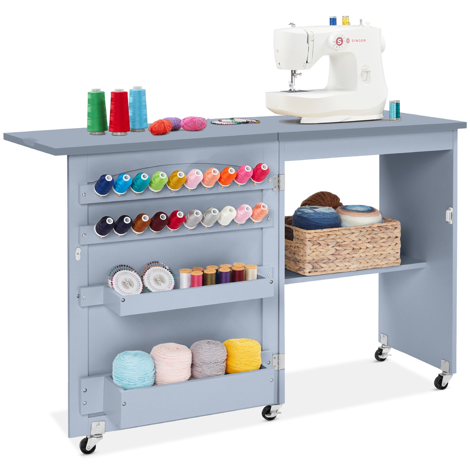 Folding Sewing Table Multipurpose Craft Station & Side Table w/ Wheels - Light Blue