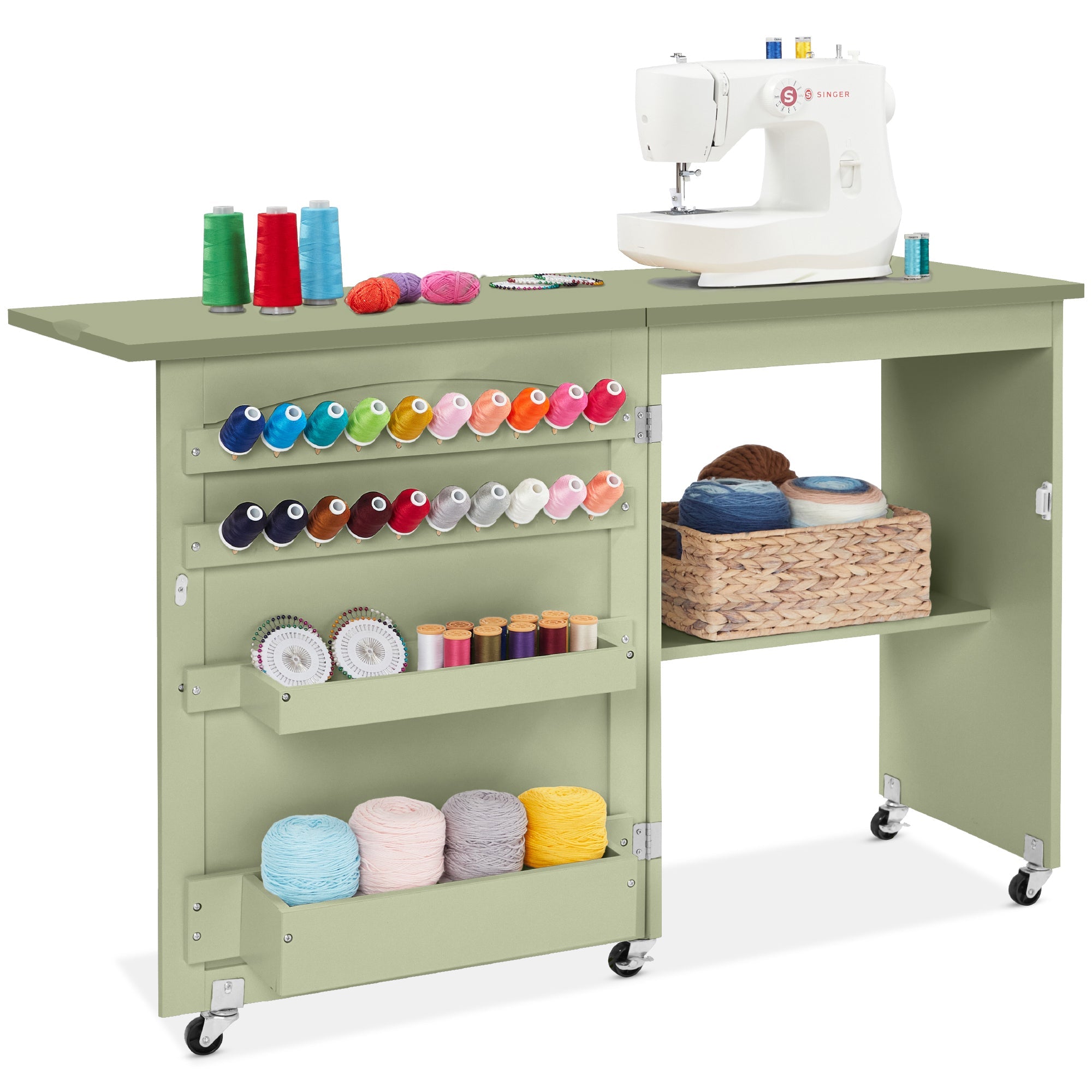 Folding Sewing Table Multipurpose Craft Station & Side Table w/ Wheels - Light Green