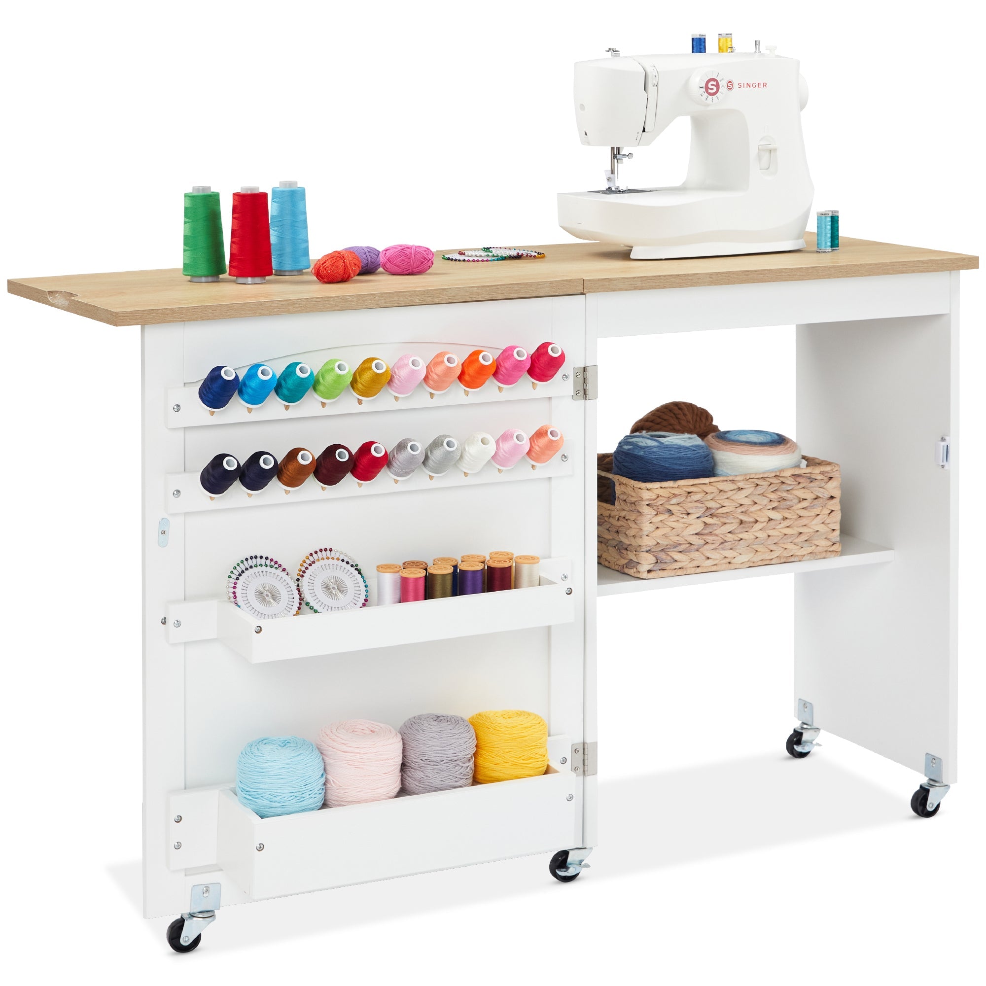 Folding Sewing Table Multipurpose Craft Station & Side Table w/ Wheels - Natural/White