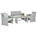 4-Piece Outdoor Wicker Conversation Patio Set w/ 4 Seats, Glass Table Top - Gray/Light Mint