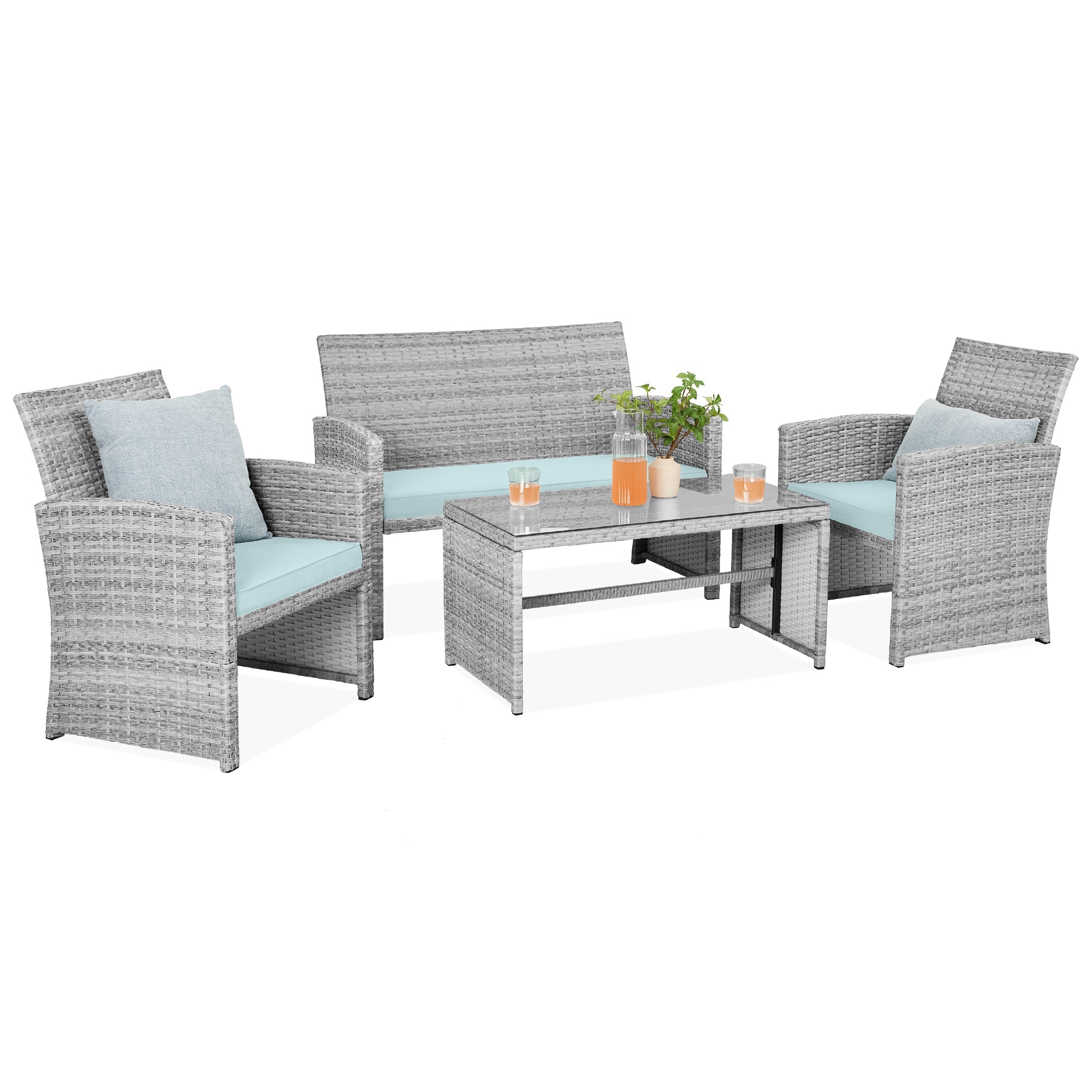 4-Piece Outdoor Wicker Conversation Patio Set w/ 4 Seats, Glass Table Top - Gray/Pastel Blue