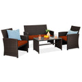 4-Piece Outdoor Wicker Conversation Patio Set w/ 4 Seats, Glass Table Top - Brown/Dark Rust