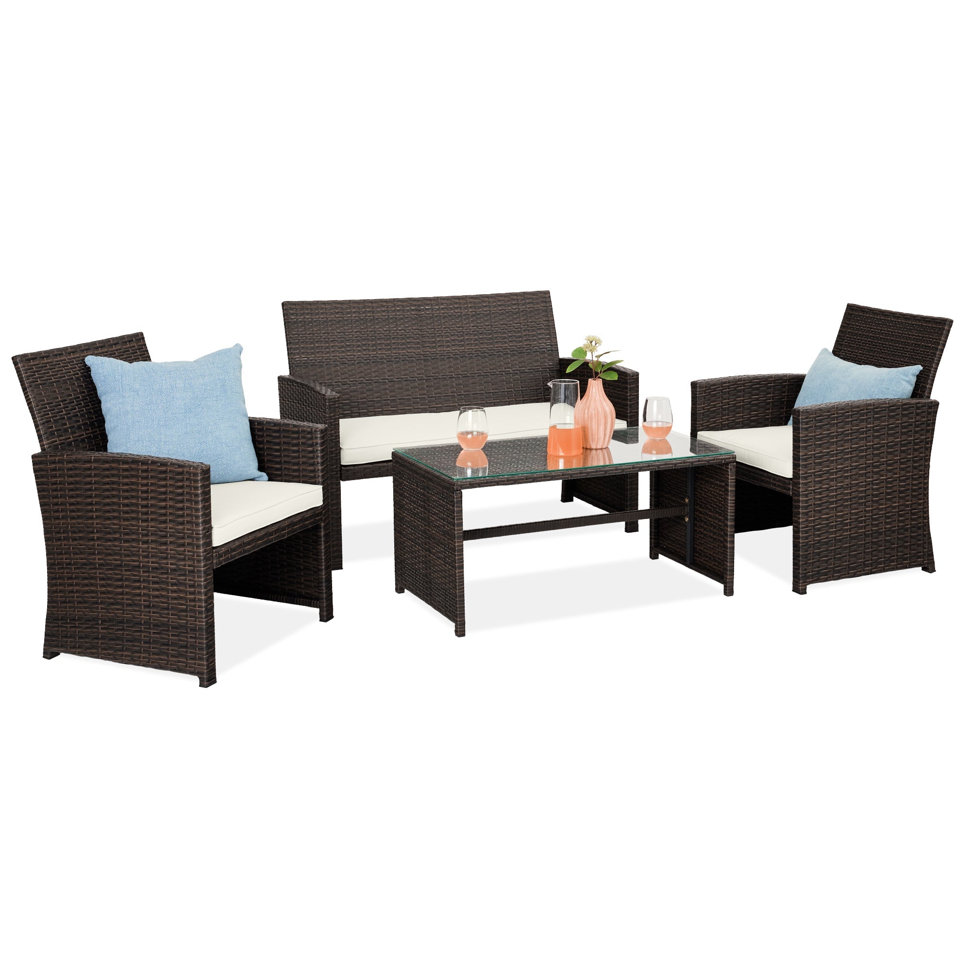 4-Piece Outdoor Wicker Conversation Patio Set w/ 4 Seats, Glass Table Top - Brown/White Sand
