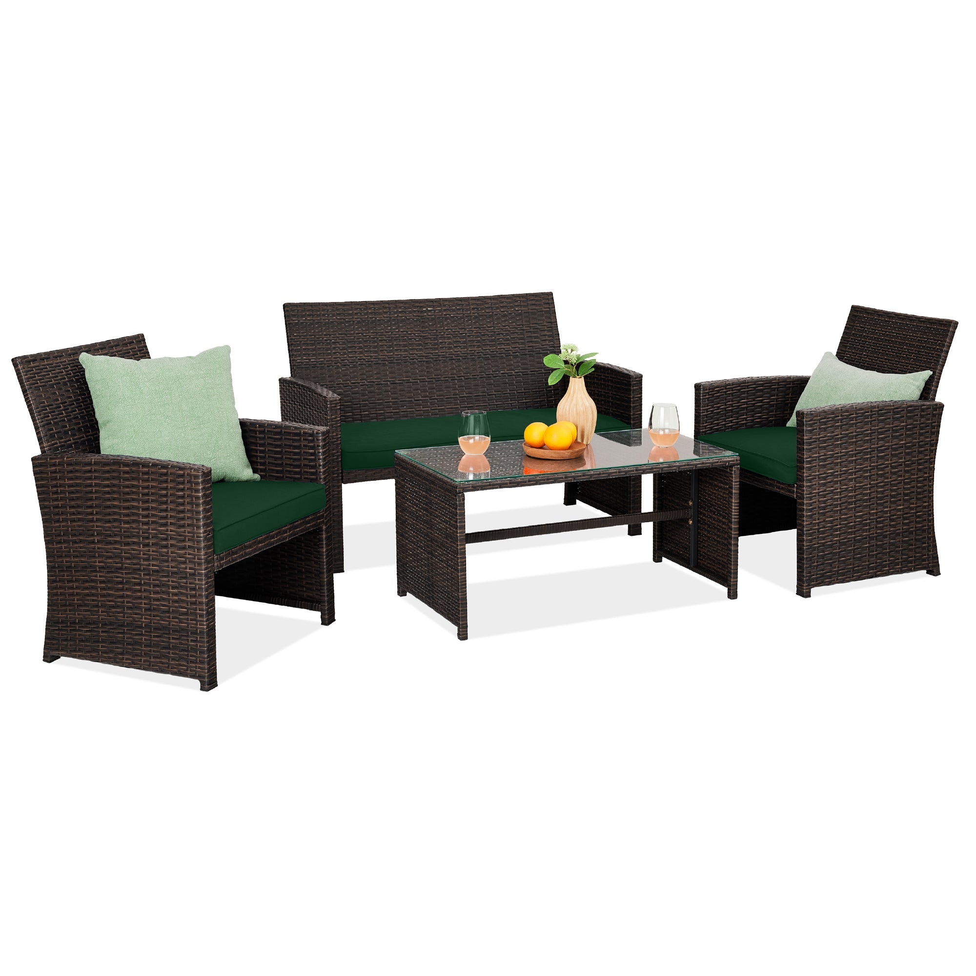 4-Piece Outdoor Wicker Conversation Patio Set w/ 4 Seats, Glass Table Top - Brown/Midnight Green