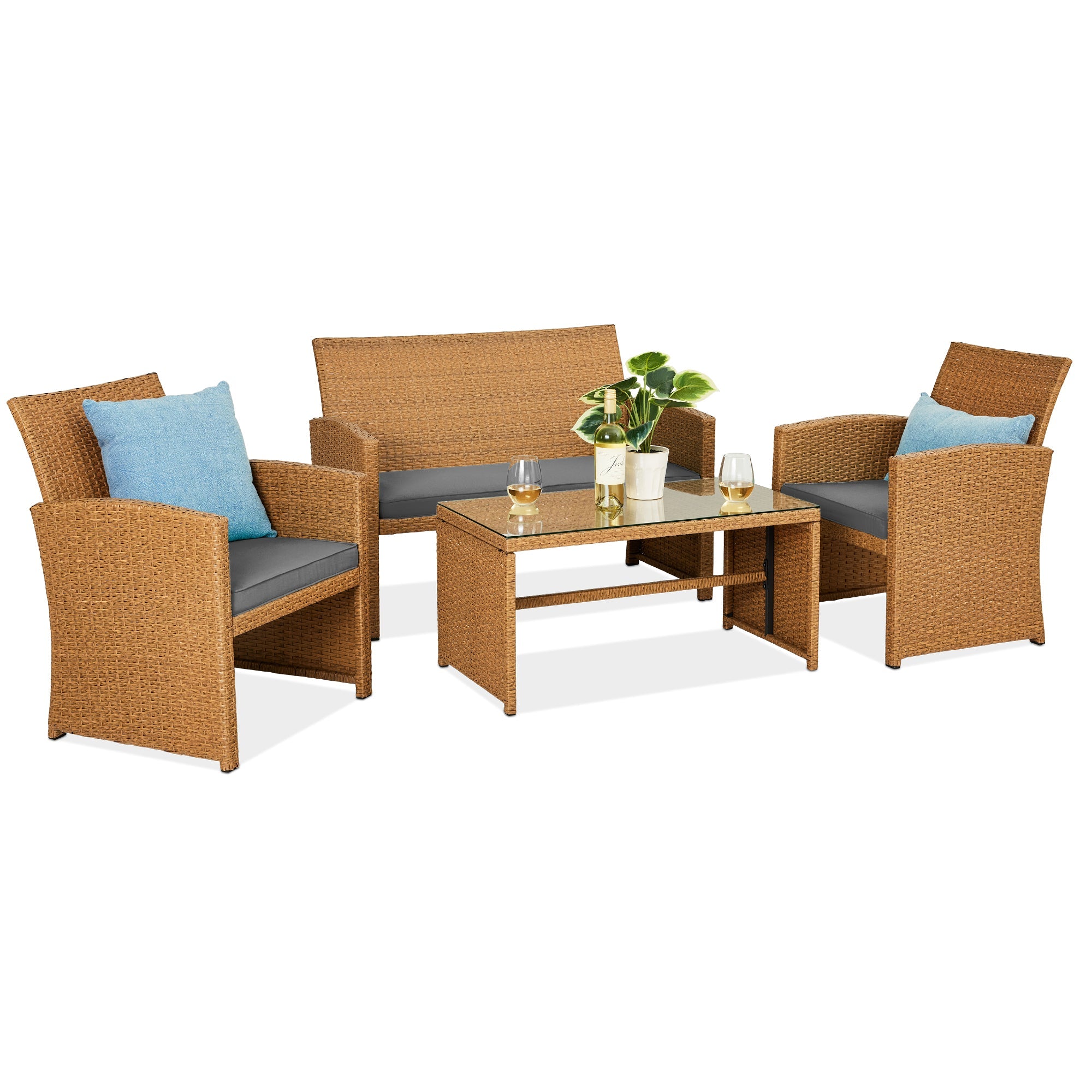 4-Piece Outdoor Wicker Conversation Patio Set w/ 4 Seats, Glass Table Top - Natural/Gray
