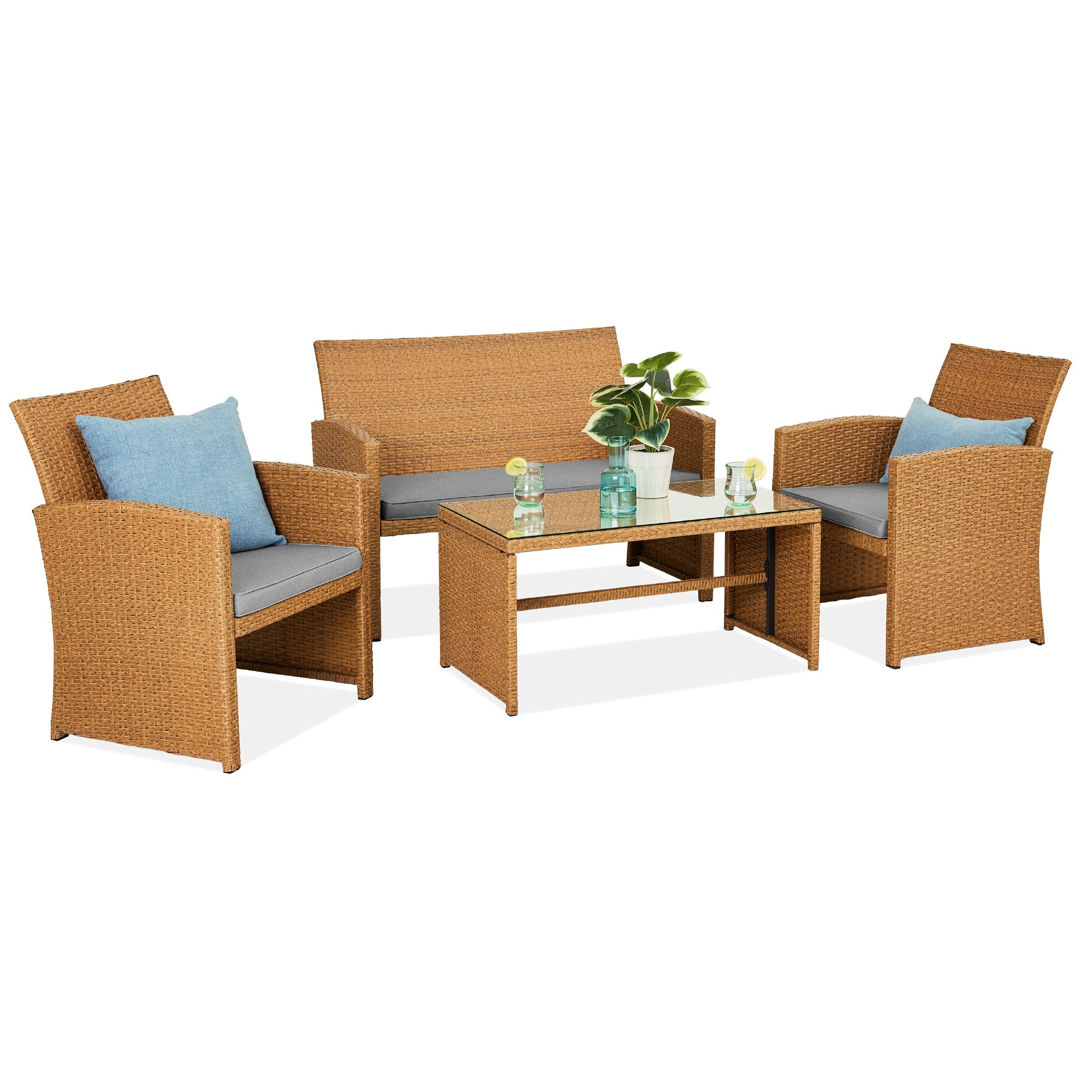 4-Piece Outdoor Wicker Conversation Patio Set w/ 4 Seats, Glass Table Top - Natural/Cement Gray