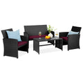 4-Piece Outdoor Wicker Conversation Patio Set w/ 4 Seats, Glass Table Top - Black/Deep Burgundy