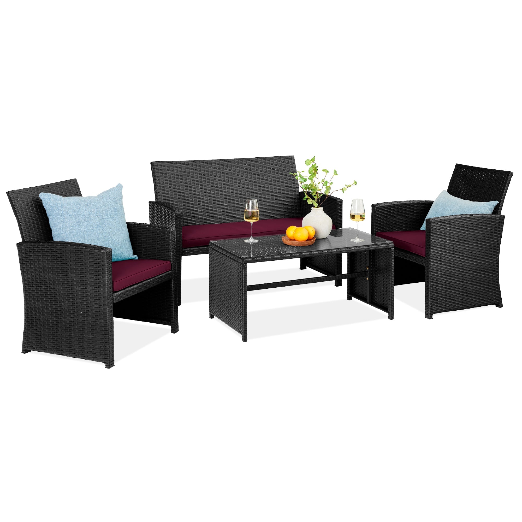 4-Piece Outdoor Wicker Conversation Patio Set w/ 4 Seats, Glass Table Top - Black/Deep Burgundy