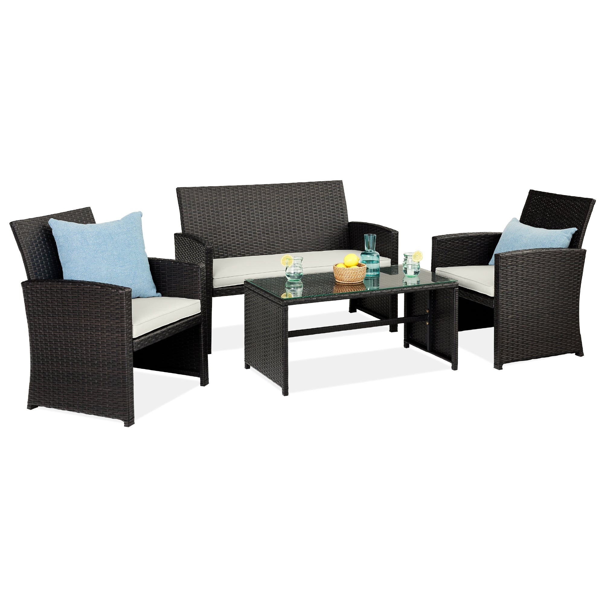 4-Piece Outdoor Wicker Conversation Patio Set w/ 4 Seats, Glass Table Top - Black/White Sand