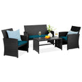 4-Piece Outdoor Wicker Conversation Patio Set w/ 4 Seats, Glass Table Top - Black/Peacock