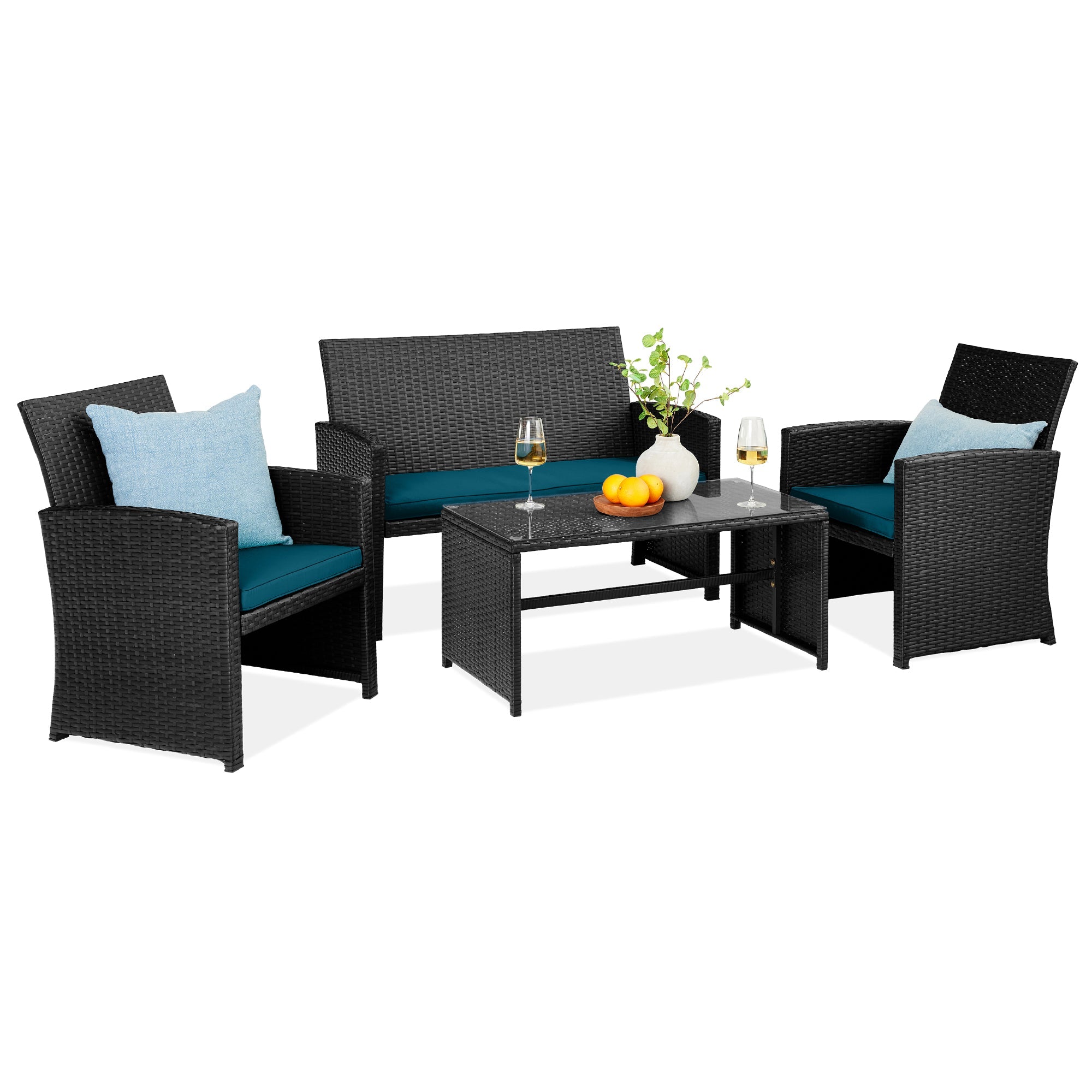 4-Piece Outdoor Wicker Conversation Patio Set w/ 4 Seats, Glass Table Top - Black/Peacock