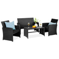 4-Piece Outdoor Wicker Conversation Patio Set w/ 4 Seats, Glass Table Top - Black/Black