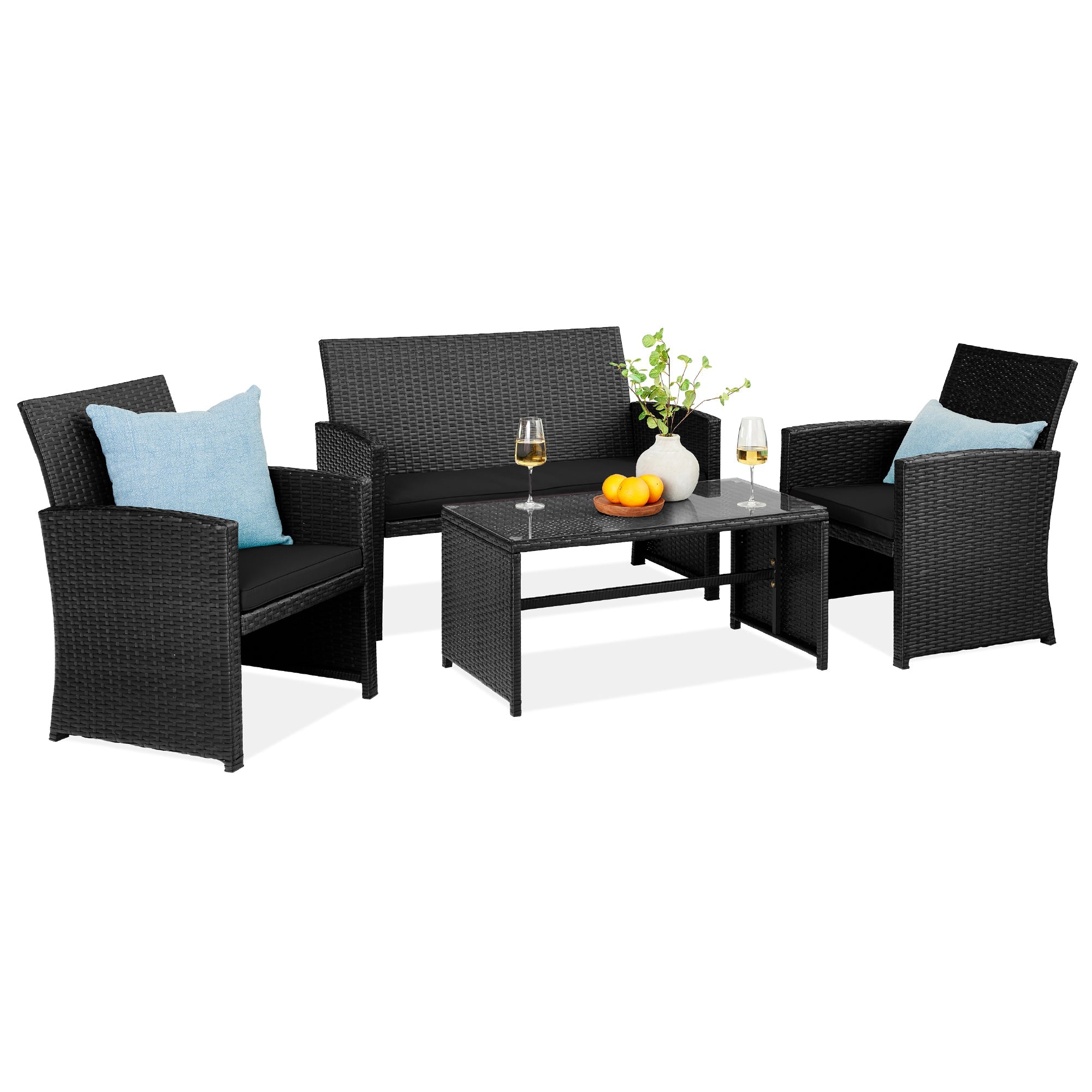 4-Piece Outdoor Wicker Conversation Patio Set w/ 4 Seats, Glass Table Top - Black/Black