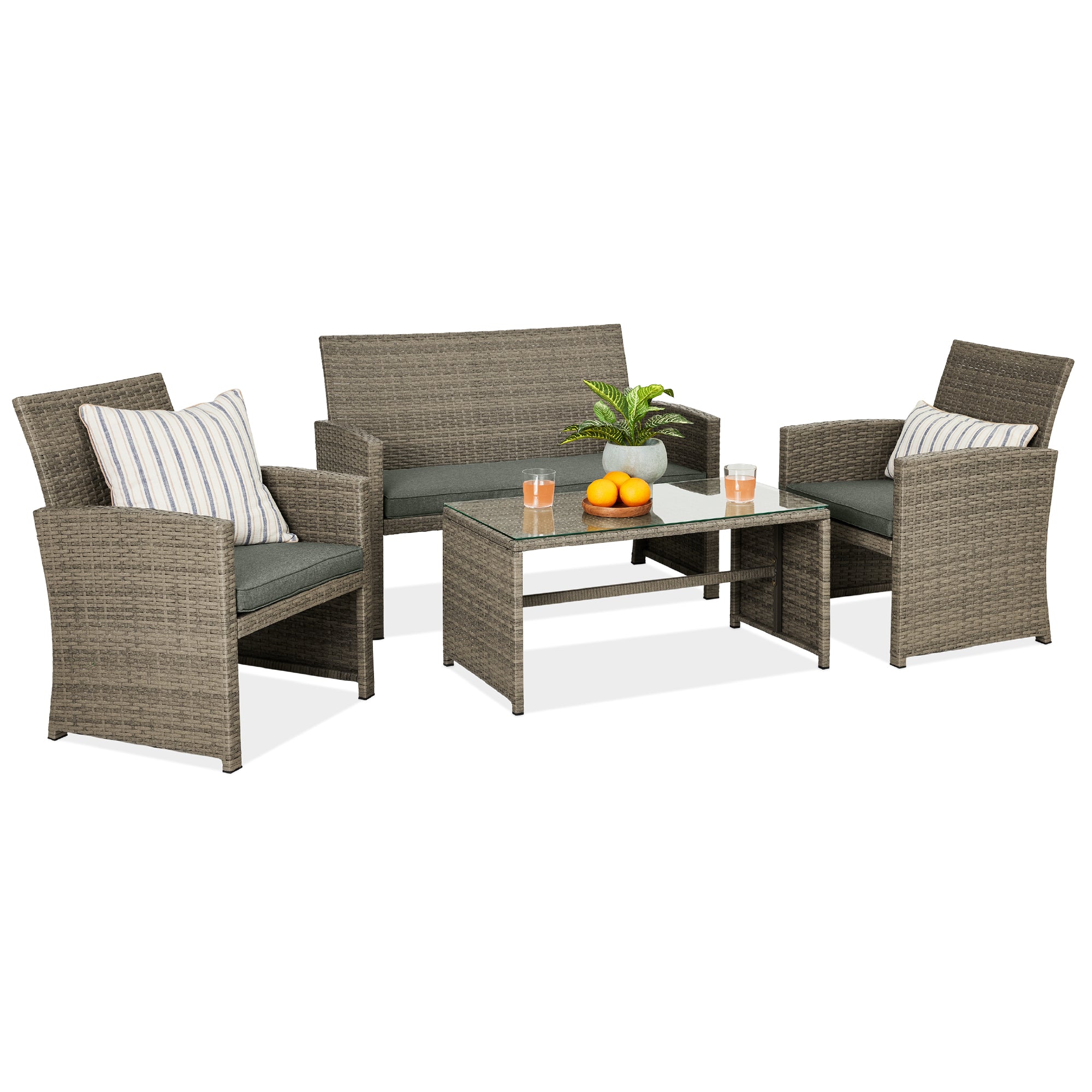 4-Piece Outdoor Wicker Conversation Patio Set w/ 4 Seats, Glass Table Top - Taupe/Slate Green