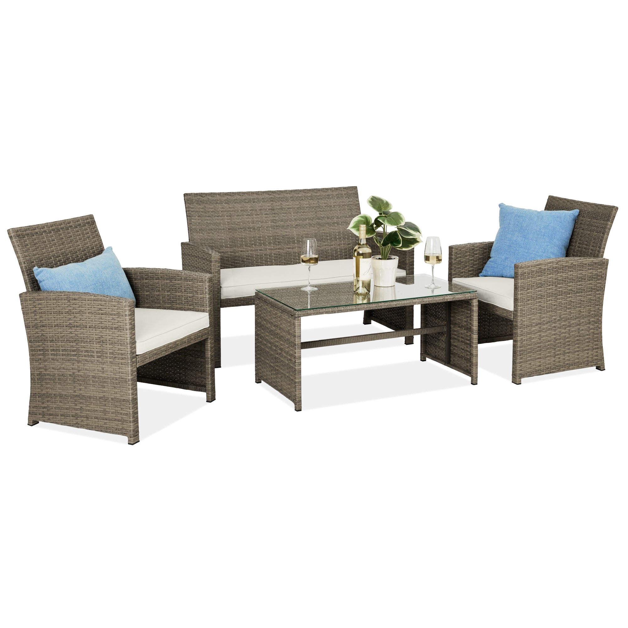 4-Piece Outdoor Wicker Conversation Patio Set w/ 4 Seats, Glass Table Top - Taupe/White Sand