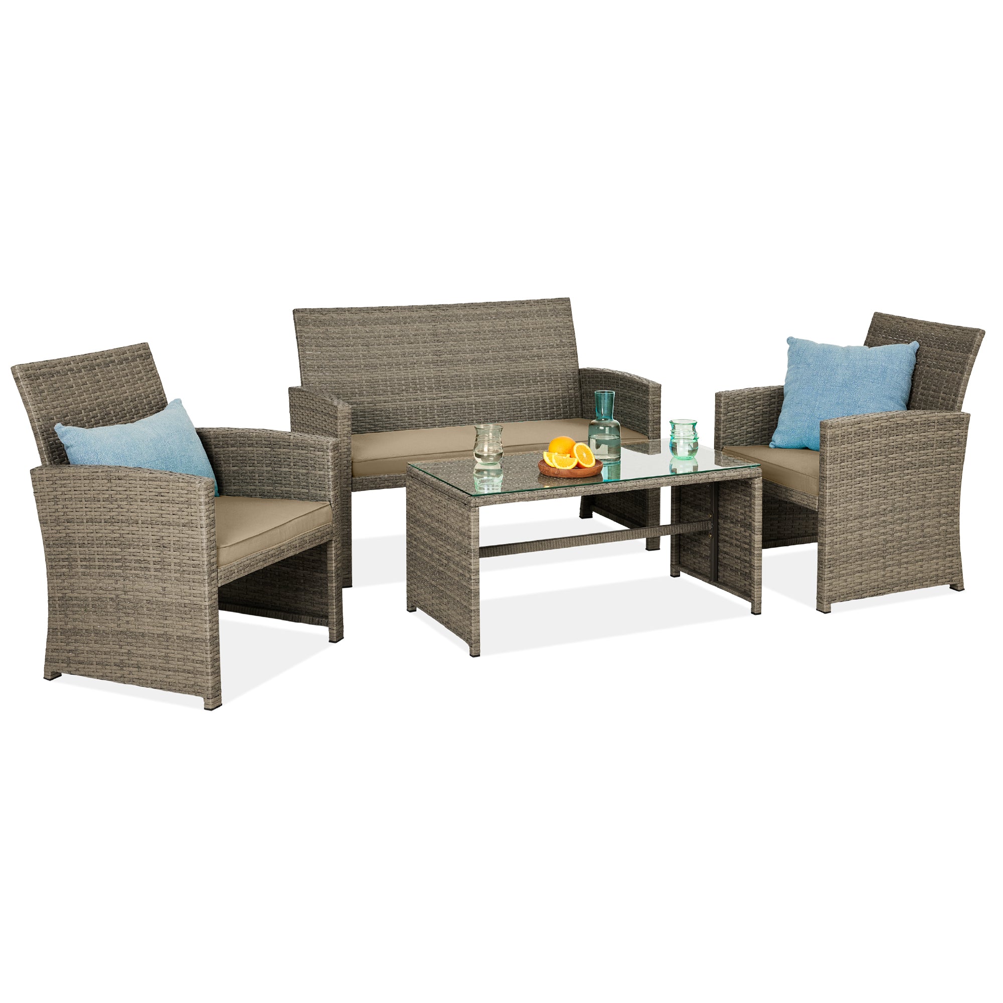 4-Piece Outdoor Wicker Conversation Patio Set w/ 4 Seats, Glass Table Top - Taupe/Desert