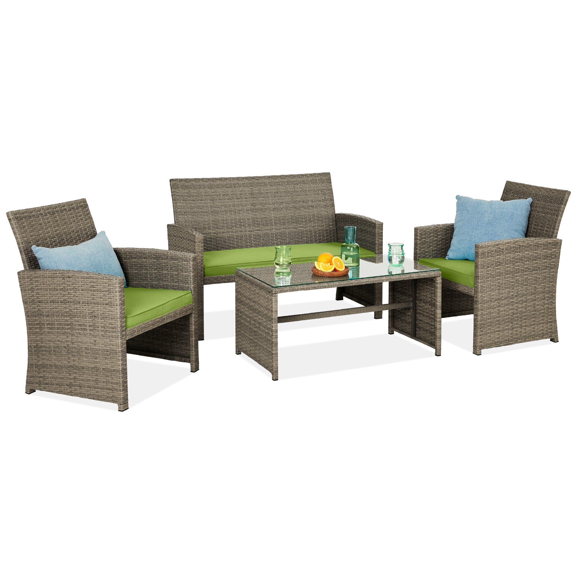 4-Piece Outdoor Wicker Conversation Patio Set w/ 4 Seats, Glass Table Top - Taupe/Pistachio