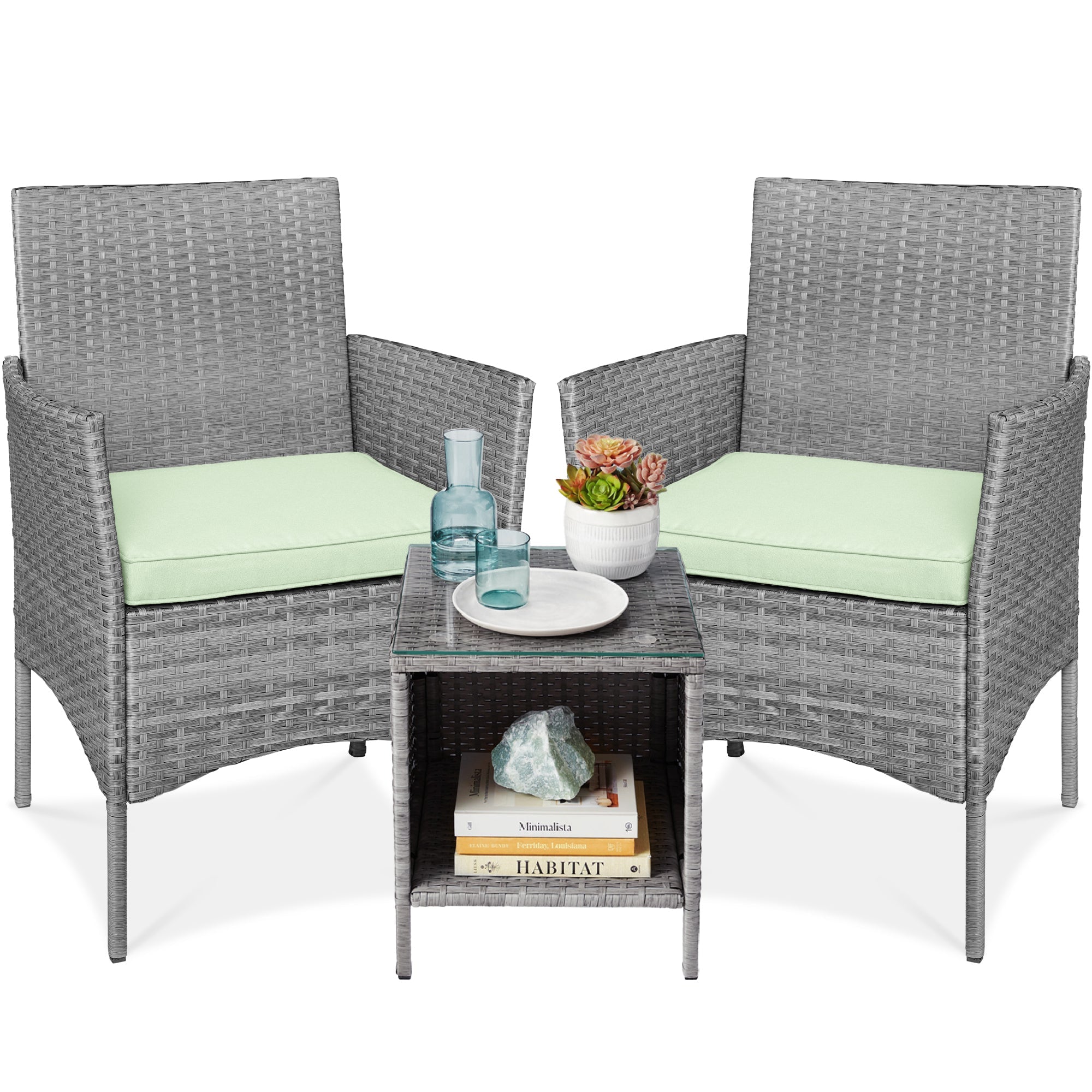 3-Piece Outdoor Patio Wicker Bistro Set w/ Side Storage Table - Gray/Light Mint