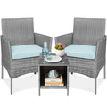 3-Piece Outdoor Patio Wicker Bistro Set w/ Side Storage Table - Gray/Pastel Blue