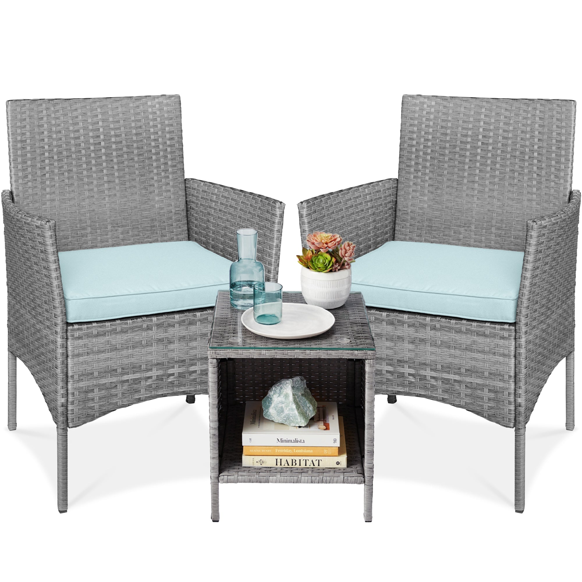 3-Piece Outdoor Patio Wicker Bistro Set w/ Side Storage Table - Gray/Pastel Blue