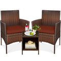 3-Piece Outdoor Patio Wicker Bistro Set w/ Side Storage Table - Brown/Dark Rust