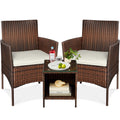 3-Piece Outdoor Patio Wicker Bistro Set w/ Side Storage Table - Brown/White Sand