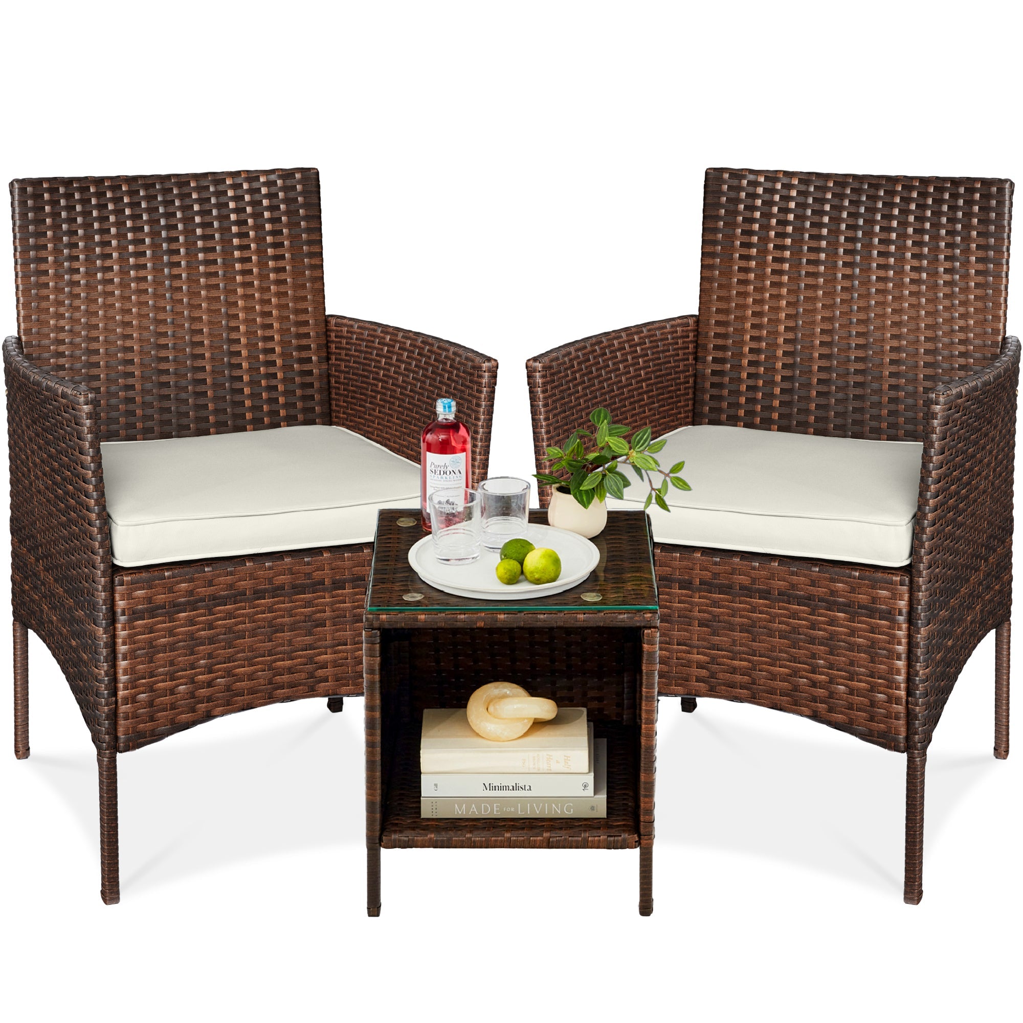 3-Piece Outdoor Patio Wicker Bistro Set w/ Side Storage Table - Brown/White Sand