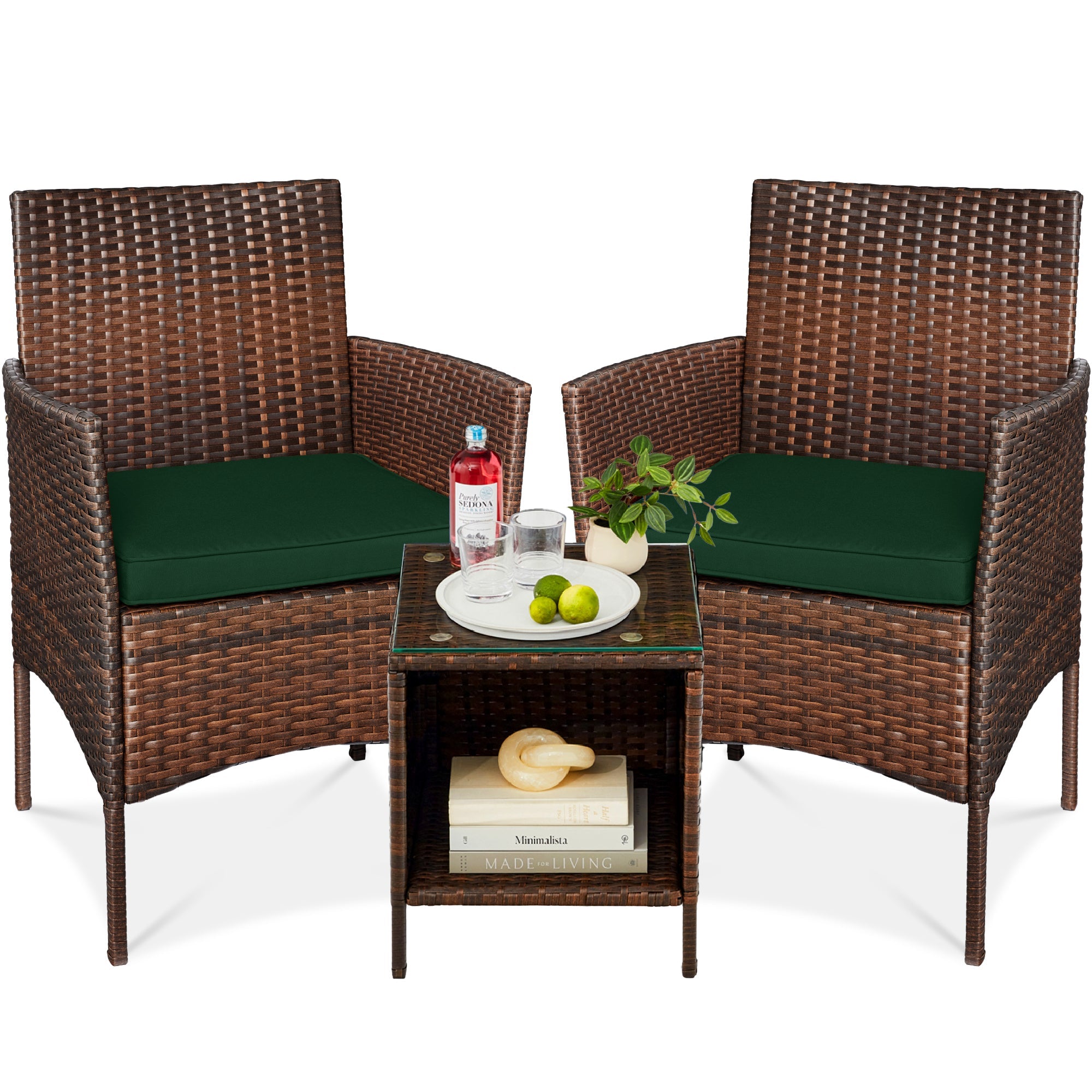 3-Piece Outdoor Patio Wicker Bistro Set w/ Side Storage Table - Brown/Midnight Green
