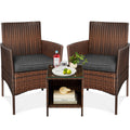 3-Piece Outdoor Patio Wicker Bistro Set w/ Side Storage Table - Brown/Stone Gray