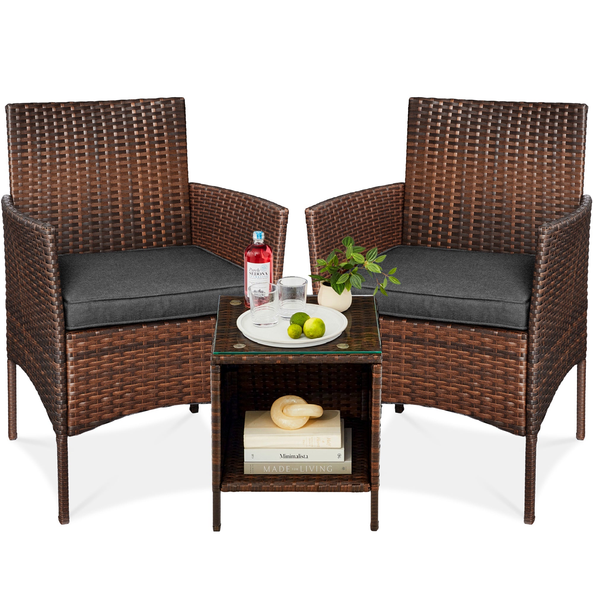 3-Piece Outdoor Patio Wicker Bistro Set w/ Side Storage Table - Brown/Stone Gray