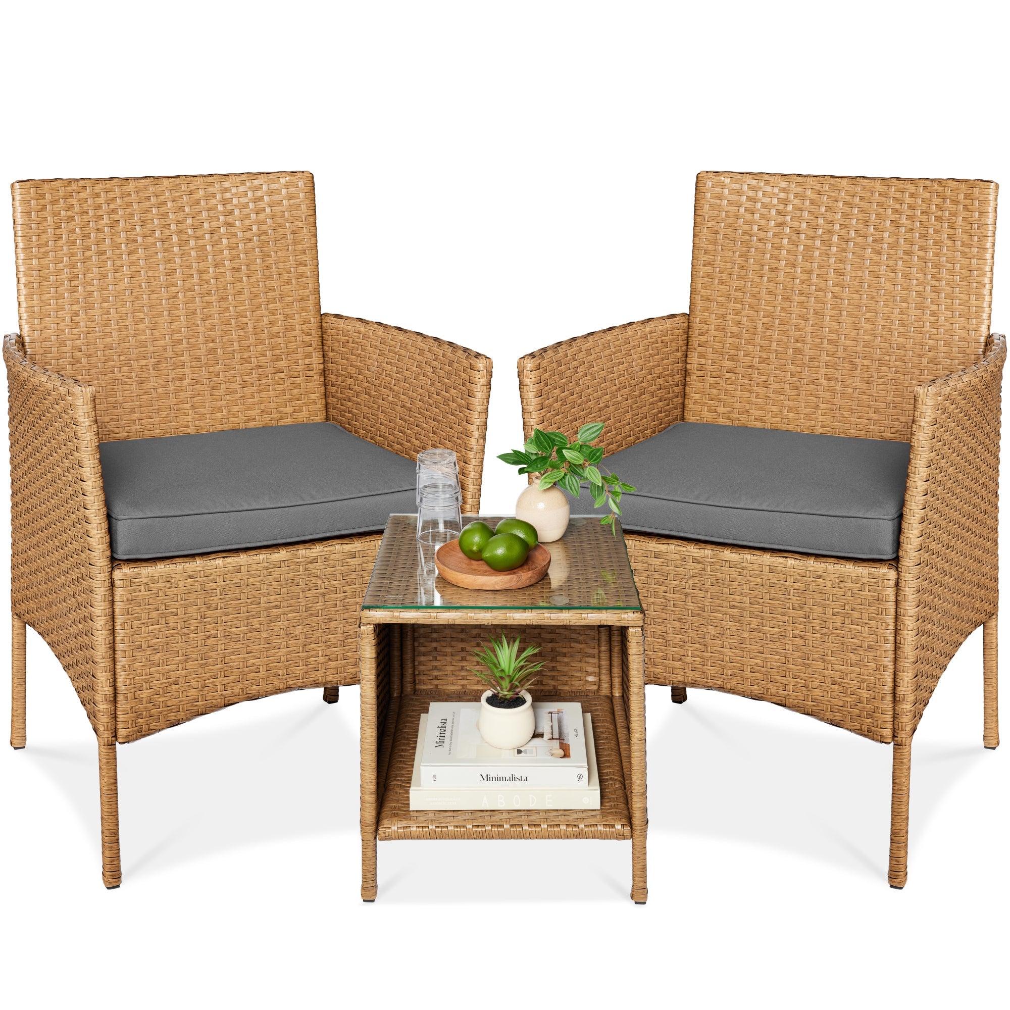 3-Piece Outdoor Patio Wicker Bistro Set w/ Side Storage Table - Natural/Gray
