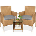 3-Piece Outdoor Patio Wicker Bistro Set w/ Side Storage Table - Natural/Cement Gray