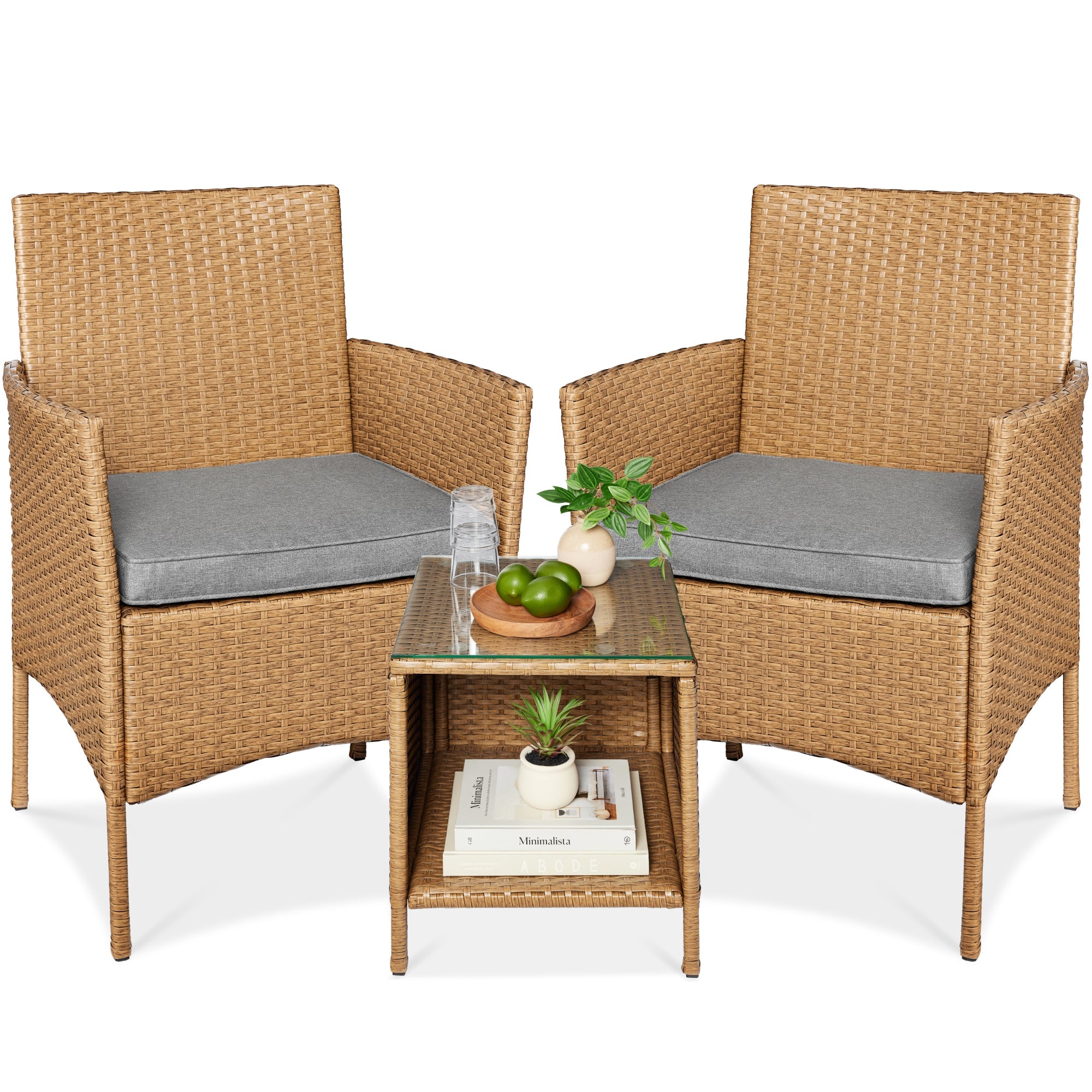 3-Piece Outdoor Patio Wicker Bistro Set w/ Side Storage Table - Natural/Cement Gray