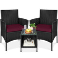 3-Piece Outdoor Patio Wicker Bistro Set w/ Side Storage Table - Black/Deep Burgundy