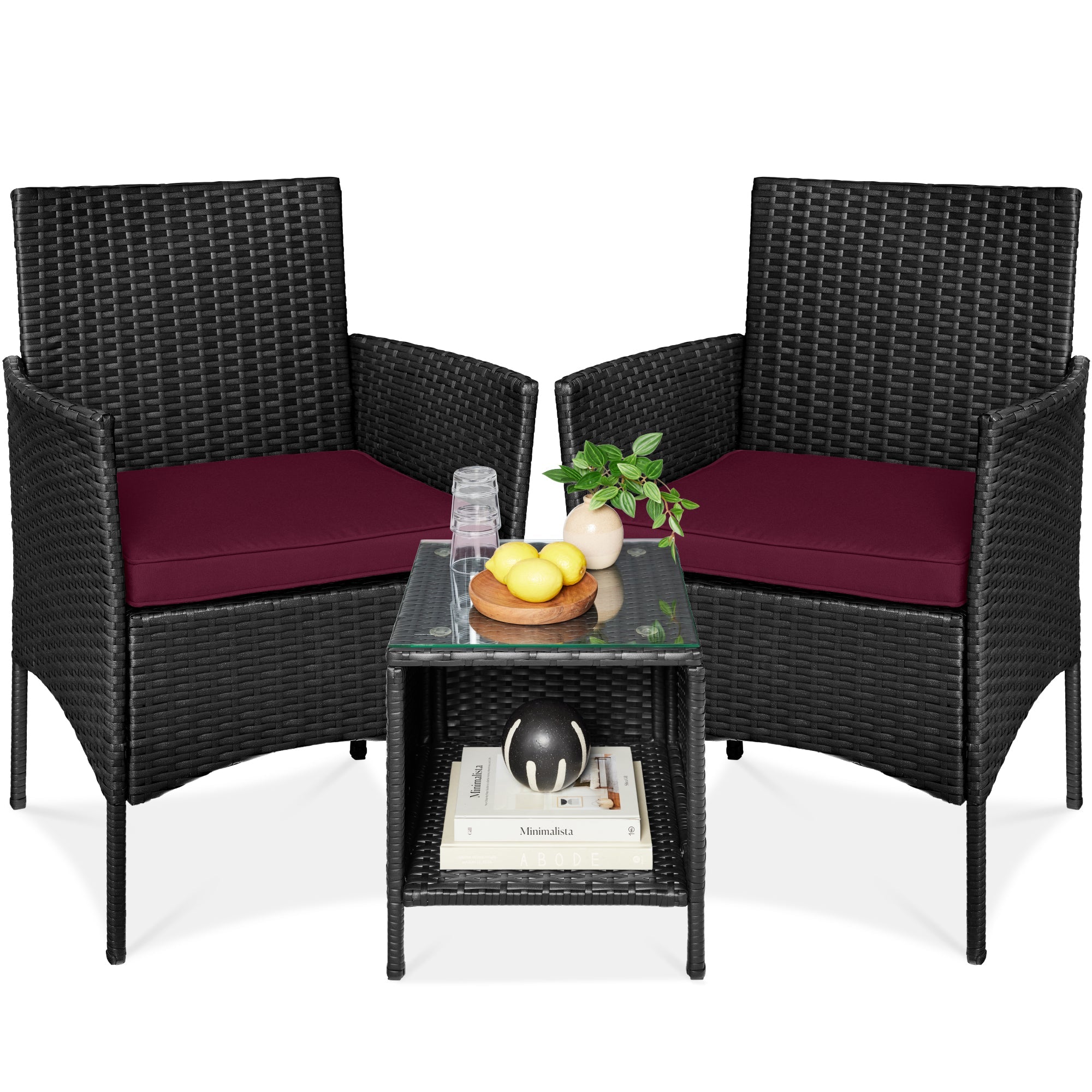 3-Piece Outdoor Patio Wicker Bistro Set w/ Side Storage Table - Black/Deep Burgundy