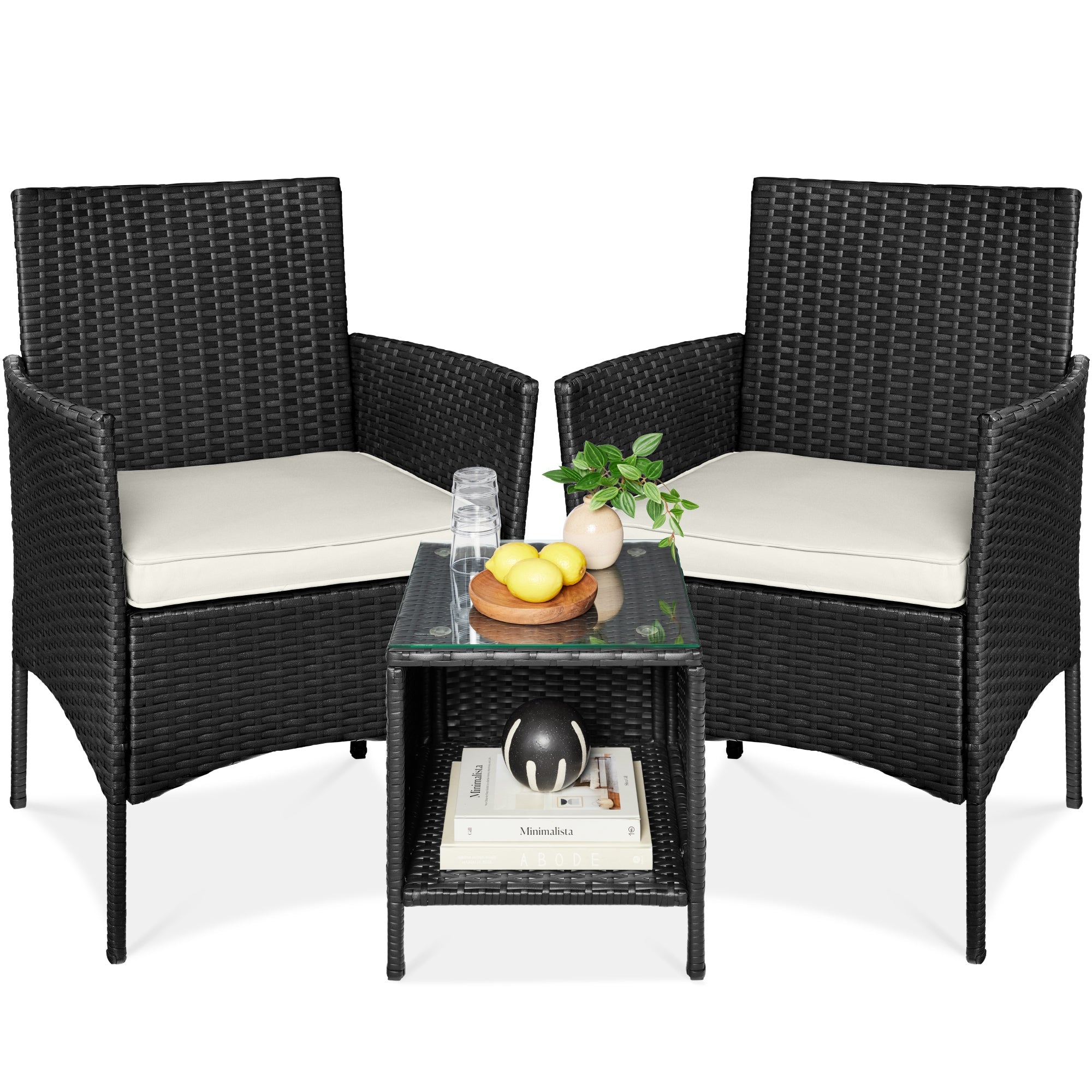 3-Piece Outdoor Patio Wicker Bistro Set w/ Side Storage Table - Black/White Sand
